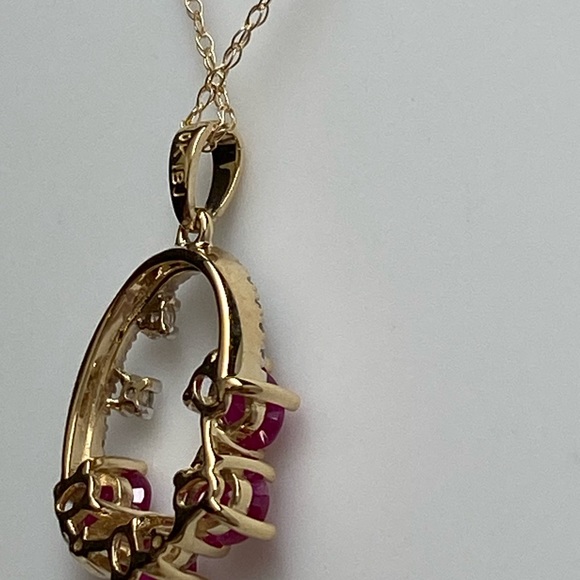 10K Yellow Gold Ruby and Diamond Cluster Pendant with Chain Natural Gemstones - Picture 5 of 16